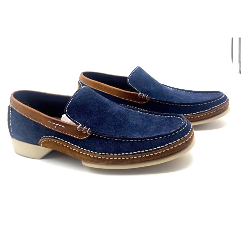 a.testoni Men's US 8 IT 41 Navy Suede Brown Leather Loafers Italy Luxury